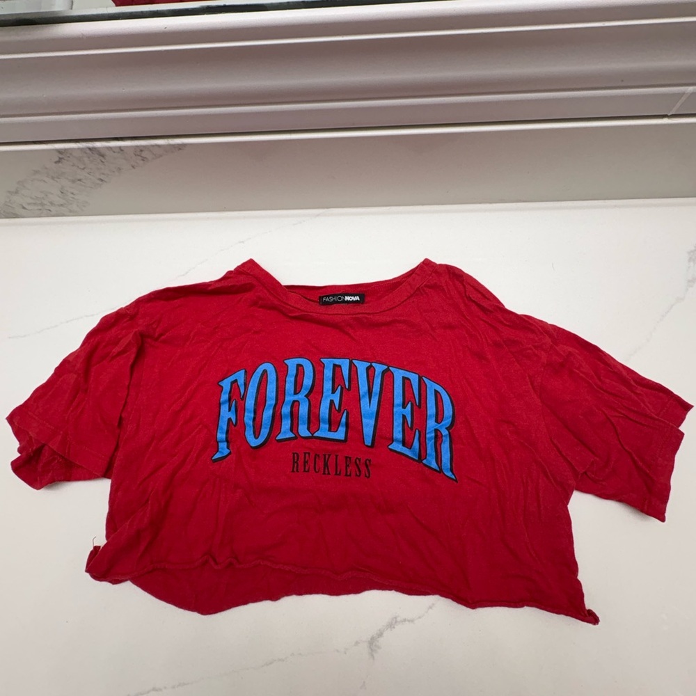 Fashion Nova Red and Blue Graphic Crop Top